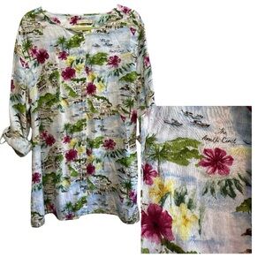 Cynthia Rowley 2X 100% Linen Amalfi Coast Blouse Roll Tab Sleeve Button Down